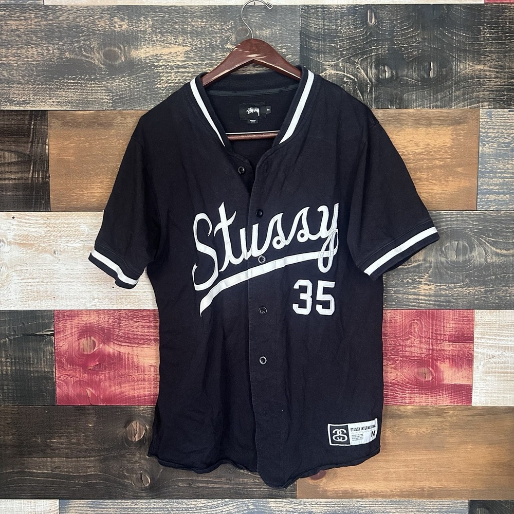 Stussy Baseball Jersey Medium Black USA Flag Spellout 35 Button Up Shirt